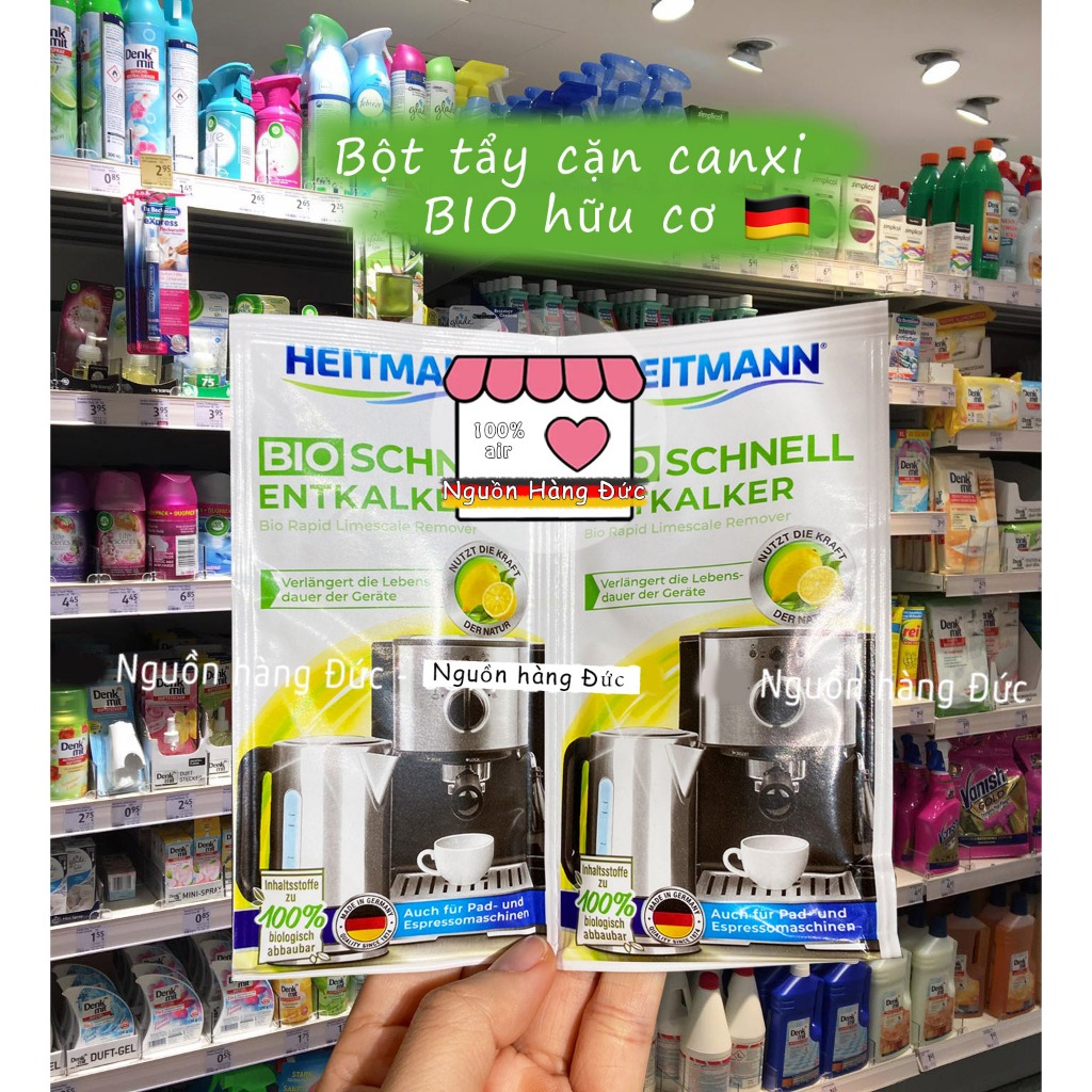 Bột tẩy cặn bình siêu tốc hữu cơ an toàn, lành tính Heitmann BIO Đức, tẩy cặn bình đun, ấm siêu tốc, máy pha cà phê