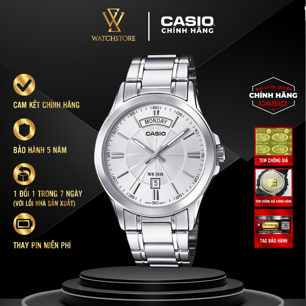 Đồng Hồ Nam MTP-1381D-7AVDF Mặt Trắng Dạ Quang Kính Khoáng 39.9mm Chống Nước Dây Kim Loại Chính Hãng