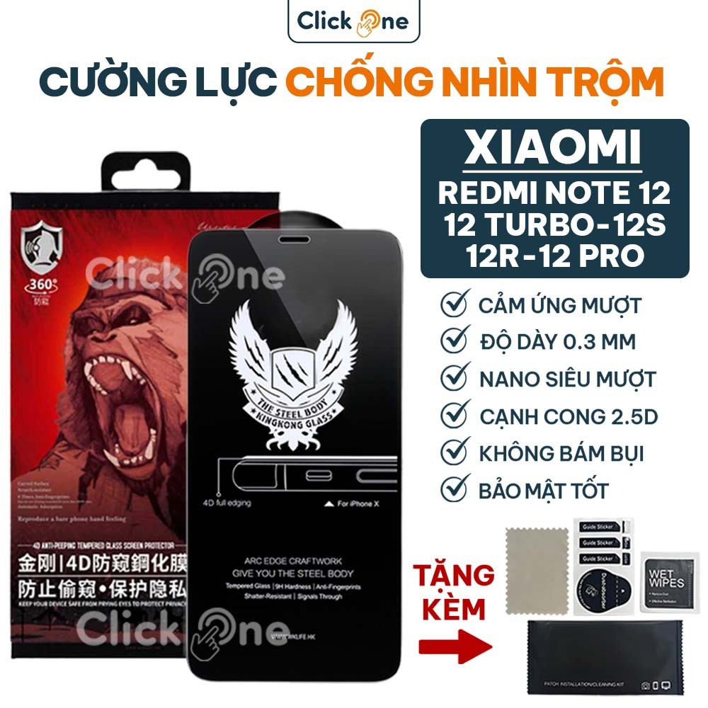 Kính cường lực Redmi Note 12 4G/5G, 12S, 12R, 12 Turbo, 12 Pro, 12T Pro chống nhìn trộm full màn, ch