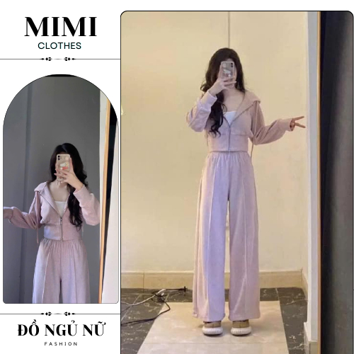 Đồ ngủ nữ bộ mặc nhà, set dài tay thu đông áo mũ quần suông siêu xinh MIMI CLOTHES hcom3188