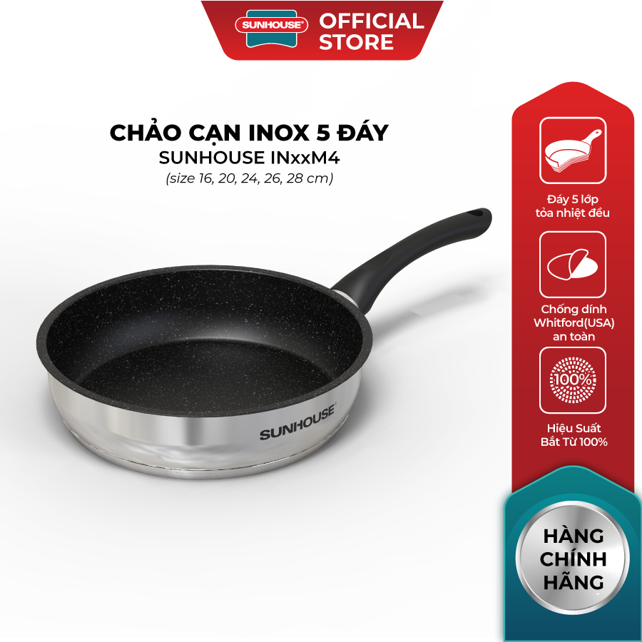 Chảo cạn inox 5 đáy Sunhouse IN20M4 - IN24M4 - IN26M4 - Đáy phẳng hoàn hảo từ công nghệ impact bondi