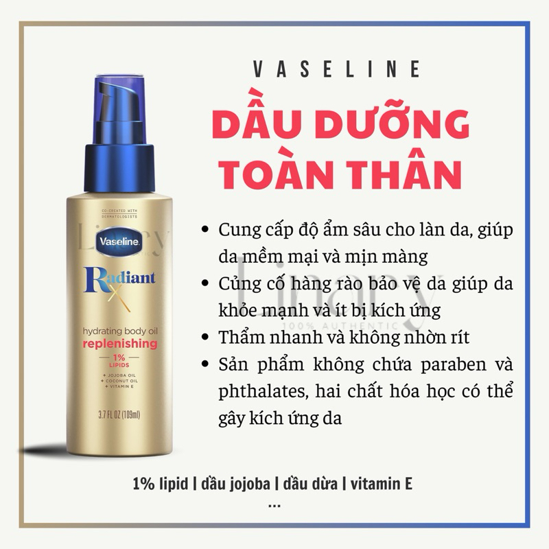 [LINARY1994] Dầu dưỡng Body Oil Vaseline Radiant Lipids 1% cấp ẩm, phục hồi da 109mL