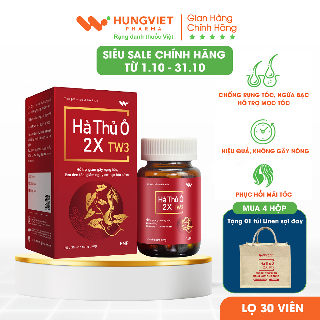 Viên uống HÀ THỦ Ô 2X TW3 - Hỗ trợ giảm nguy cơ tóc bạc sớm, ngăn rụng tóc HungViet Pharma lọ 30v