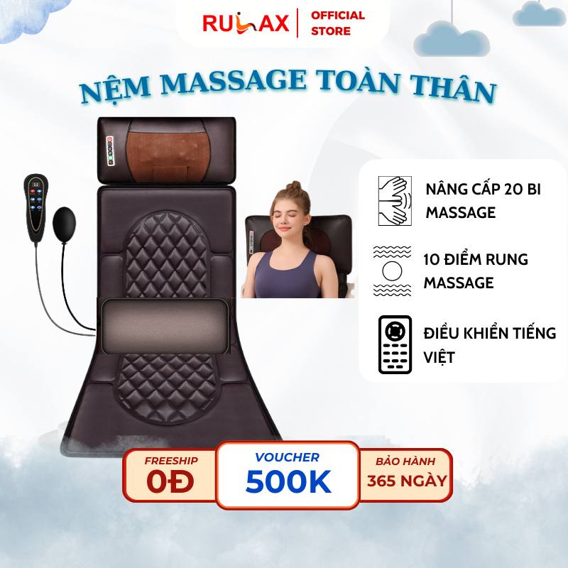 Gối Massage RULAX Tặng Kèm Đệm Vải - Đệm Massage Toàn Thân Đa Điểm Rung Phiên Bản 2023 |BH 12 tháng|