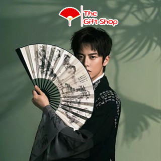 Quạt Xếp Cổ Trang giấy lụa Có Tranh Vẽ Nan Tre Đen khắc - cắt laser [33cm]