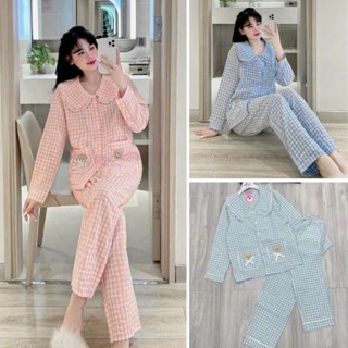 Bộ pijama caro tiểu thư thêu gấu ở túi - Bộ đồ ngủ mặc nhà cổ bèo sen dễ thương
