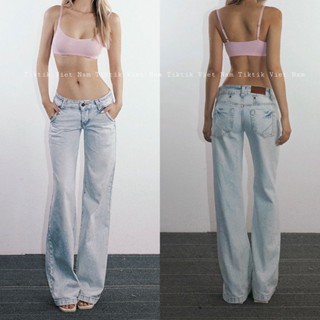 (sẵn S,L,XL) Quần jean nữ ống suông cạp trễ ngắn màu xanh nhạt trơn cơ bản phong cách y2k QJCT002 - Tiktik