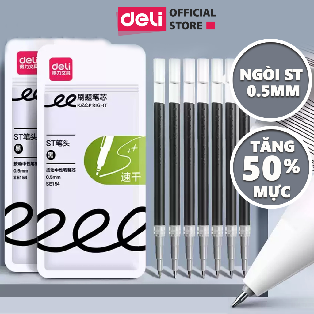 [NGÒI ST NHANH KHÔ] Combo 10 20 Ruột Bút Gel Deli Nhanh Khô Ngòi 0.5mm Dùng Cho Bút Bi Nước Bấm Đầu A575/A057B/S60
