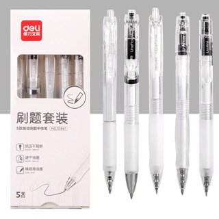 Hộp 5 Bút Bi Gel DELI 33861 mực đen ngòi 0.5 viết trơn mượt, nhanh khô, có ruột thay siêu tiết kiệm