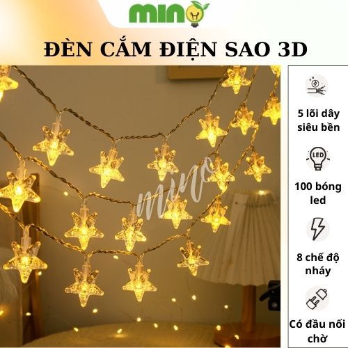Đèn led trang trí cắm điện sao 3D, dây Led đèn decor Sao 3d 100 bóng led