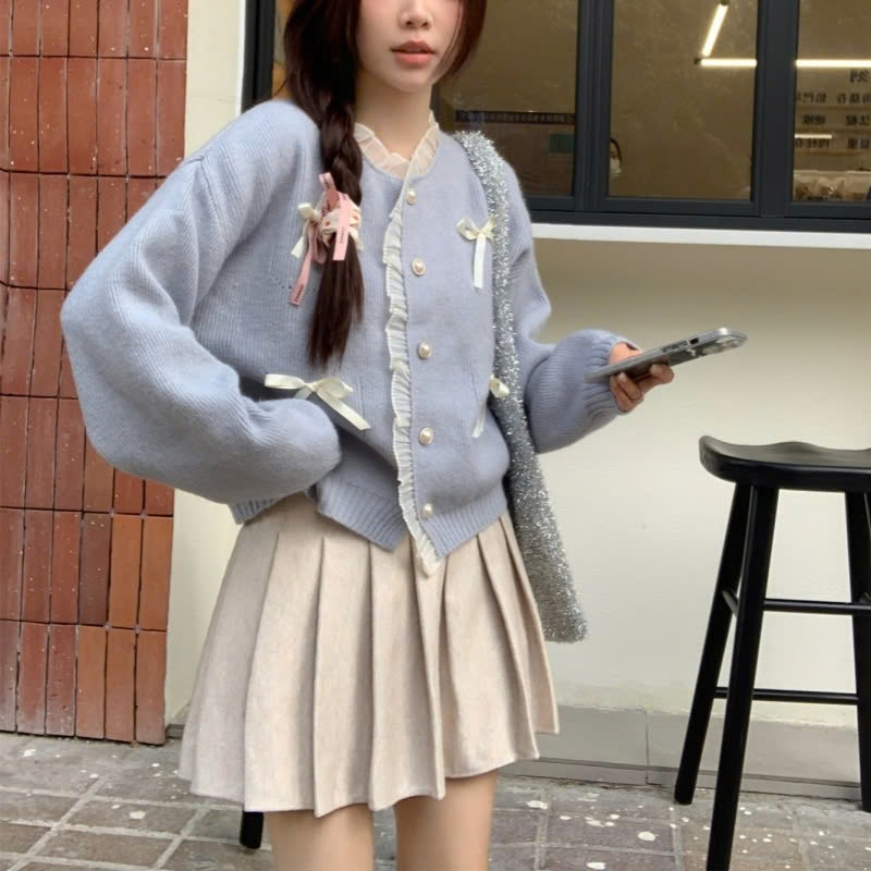 Áo khoác cardigan len INFLACHI phối ren đính 4 nơ dày dặn, Áo sweater tiểu thư phong cách style ulzzang N183