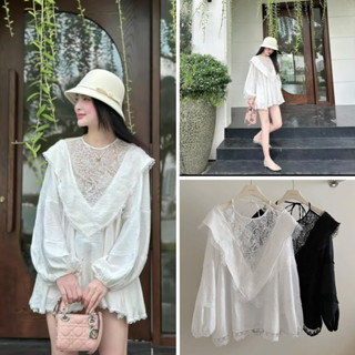  Áo babydoll tay bồng phối cổ dài tay hàng chuẩn phom áo đũi mây phối ren Morris Top 