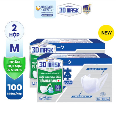 [KOL] Bộ 2 hộp Khẩu trang Unicharm 3D Mask High Block size M hộp 100 miếng