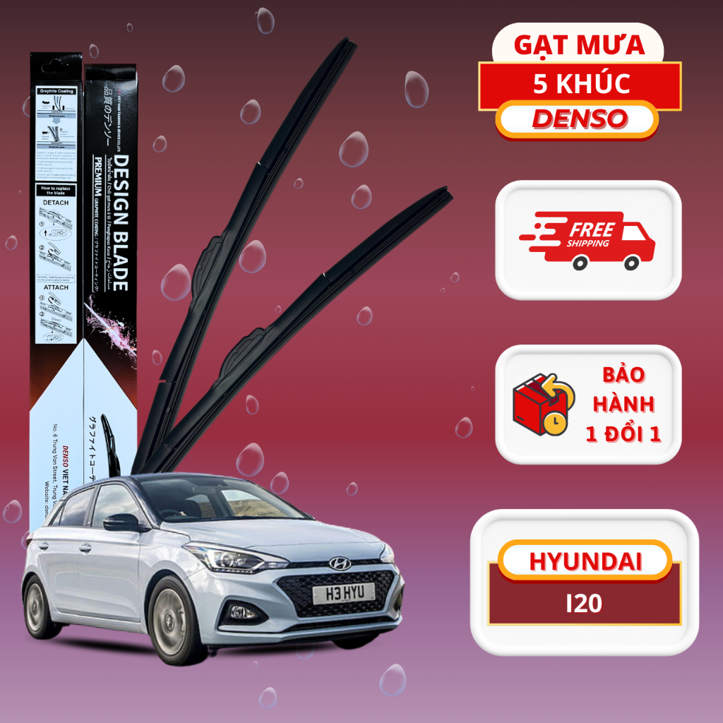 Gạt mưa ô tô Huyndai I20 - Gạt mưa DENSO 5 khúc chính hãng ôm trọn bề mặt kính năm 2010 đến 2022 size 2416