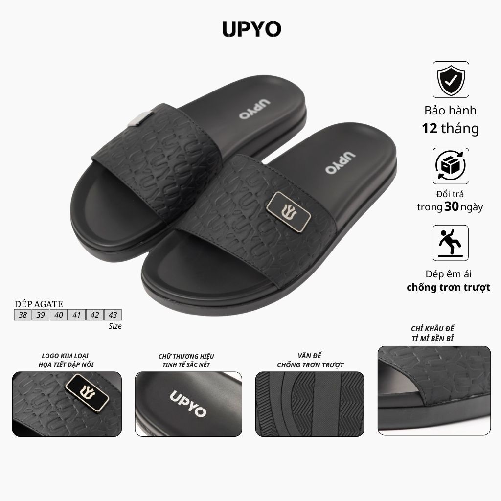 Dép Nam Quai Ngang UPYO Agate, Dép Lê Đế Cao Su Tăng Chiều Cao, Chống Trơn Trượt BH 1Năm(Agate - UD3