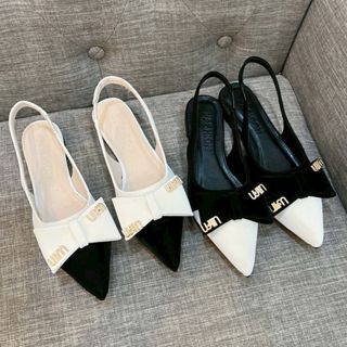 Sandal Nữ Mũi Nhọn Phối Màu Nơ Gắn Khoá Miu Giày Sục Bệt Quai Hậu Chất Tuyết Nhung Cao Cấp