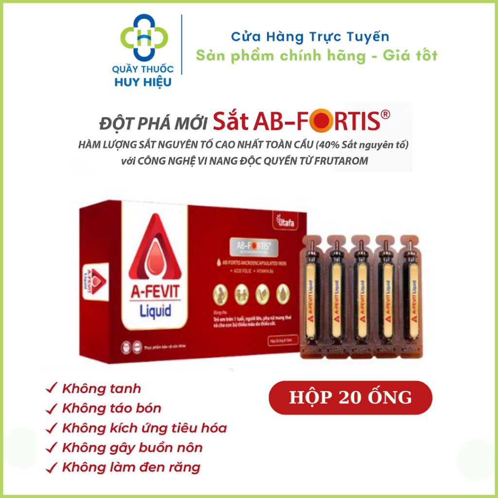 Sắt nước A FEVIT LIQUID (HỘP 20 ống x 10ml)-Hỗ trợ cho người thiếu máu, mất máu, hoa mắt, chóng mặt