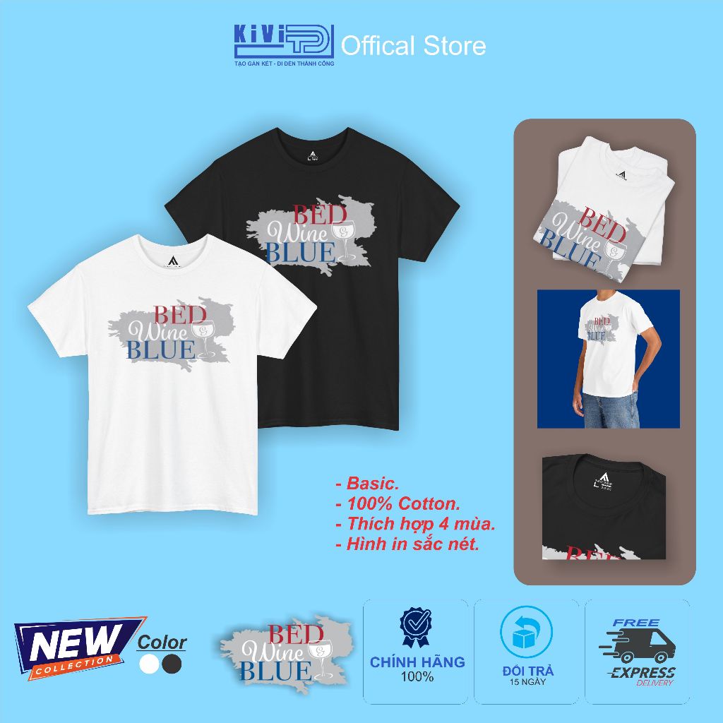 Áo thun nam nữ basic cổ tròn chất liệu Cotton Áo phông tay lỡ in hình BED WINE BLUE