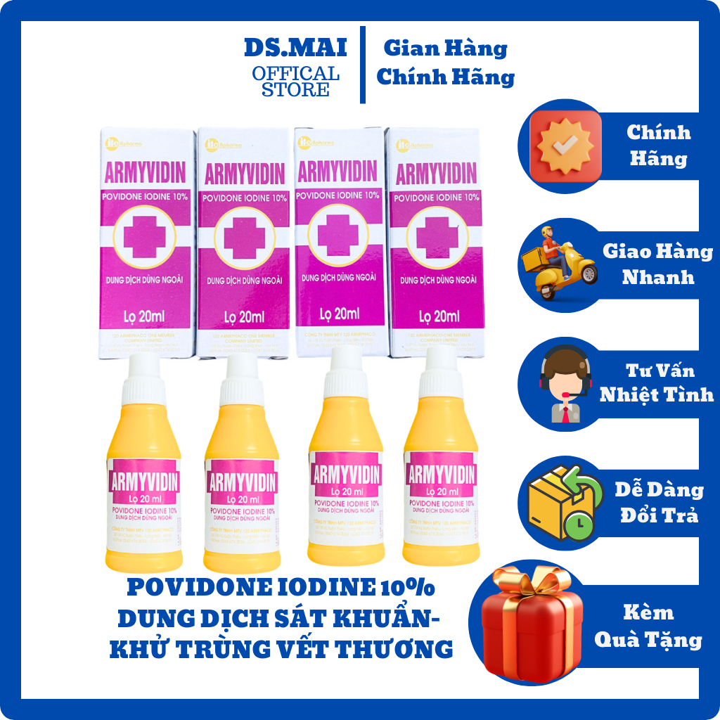 Dung dịch sát khuẩn rửa vết thương Amyvidine cồn đỏ Iot povidone Iodine 10% Povidine lọ 20ml