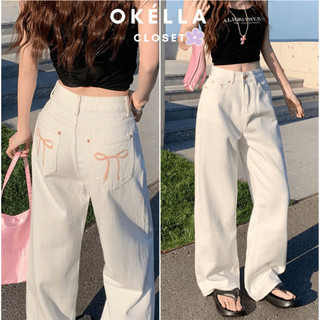  Quần ống suông Kaki Jean mix thêu nơ hồng Quần nữ ống rộng chất kaki jean dài dày dặn Okélla 