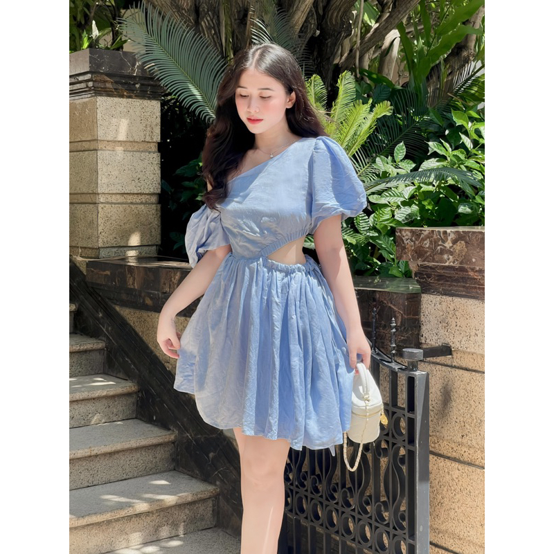 Đầm xanh cột eo tay phồng Linen