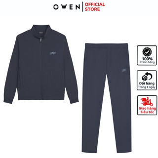 Bộ đồ mặc nhà thu đông nam OWEN BMN241335 chất CVC spandex màu xanh đậm dáng suông có khóa kéo cổ tay bo chun
