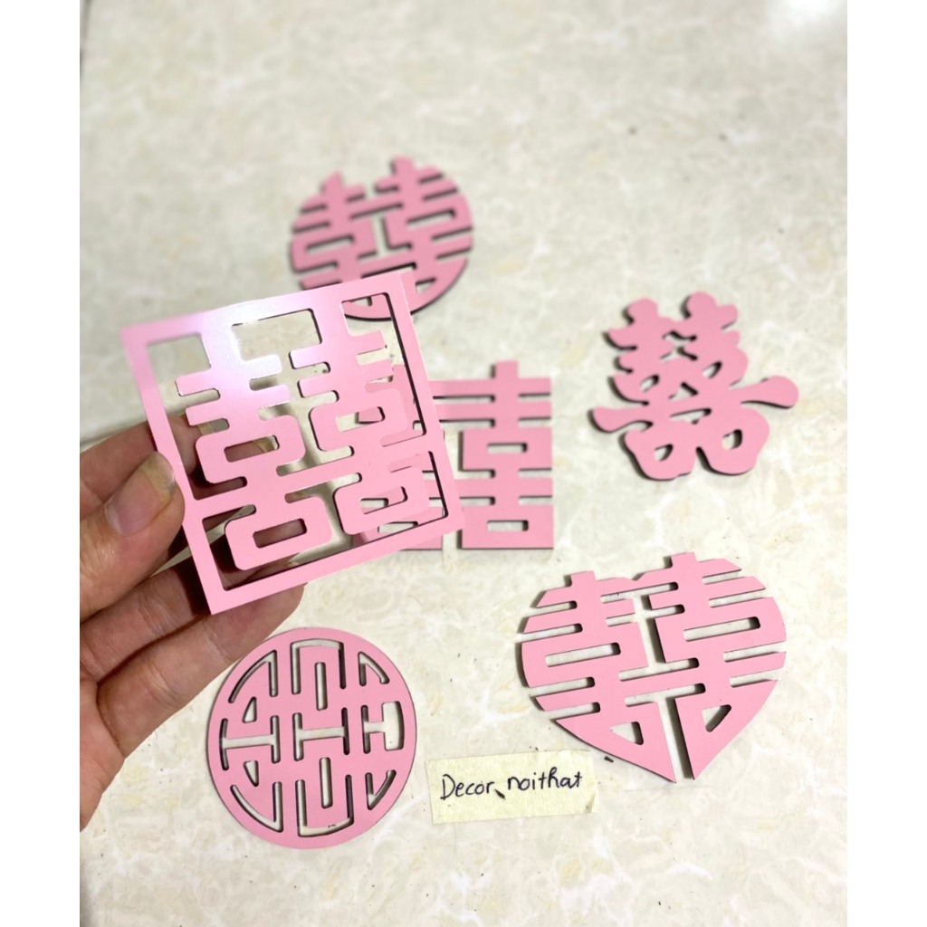 Chữ hỷ mini 7cm dán tráp cưới, giỏ quà màu hồng phấn