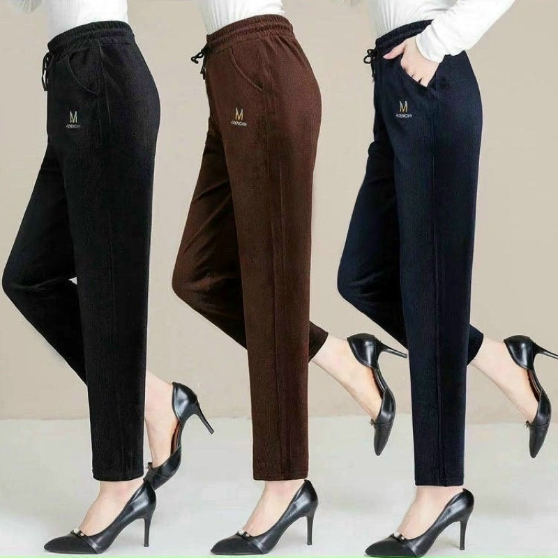 (THANH LÝ) Quần nhung trung niên Quần Nhung lót nỉTăm Nữ Cạp Thun Quần Dài Cao Cấp cho người già dáng baggy hàn quốc đẹp