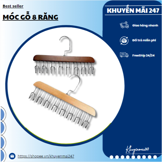 【MỚI】 ( MÓC GỖ 8R ) Thanh gỗ treo 8 móc inox 【KM247】