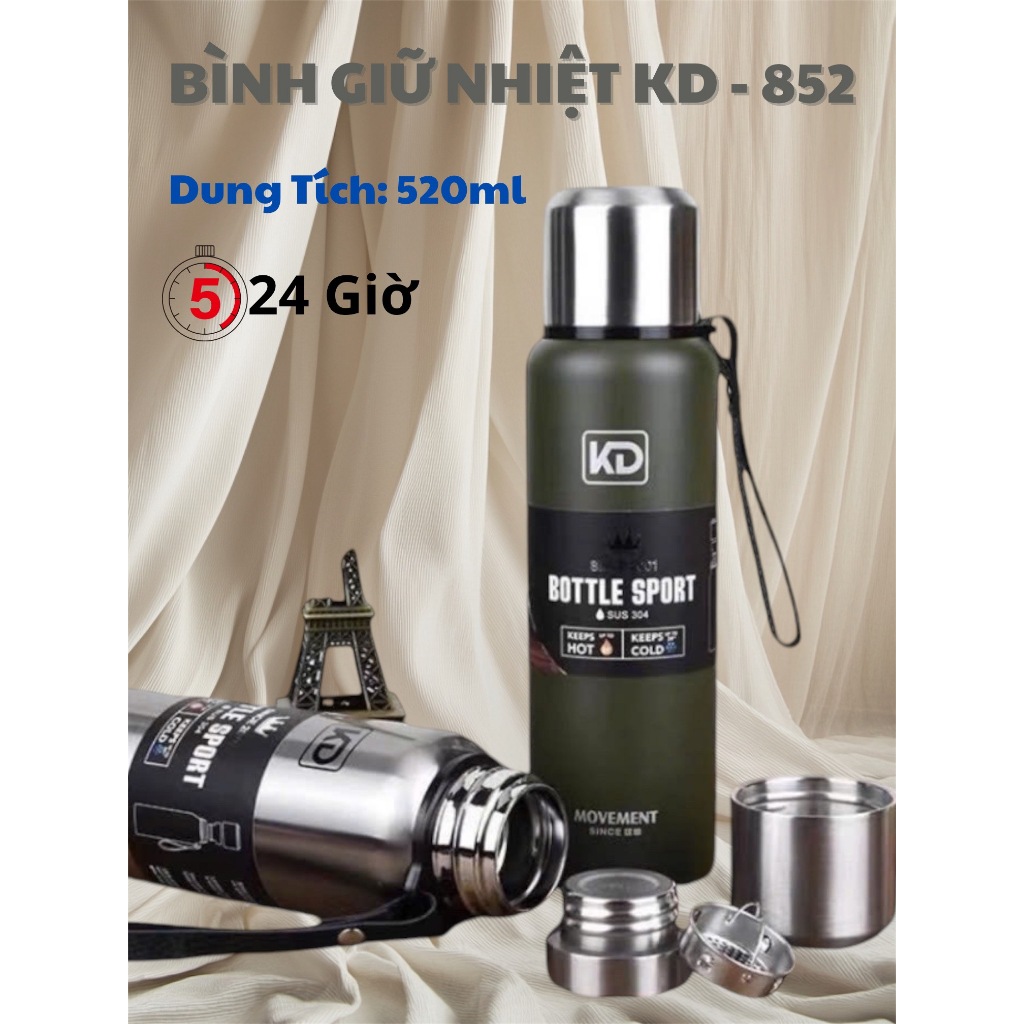 [520ML- GIỮ NHIỆT 24H] Bình Giữ Nhiệt Inox 304 Cao Cấp KD-852 Giữ Nhiệt 24h Dung Tích 520ml