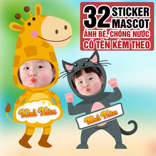 Sticker bé mặc mascot động vật dễ thương, kèm tên, dán mũ bảo hiểm, bình nước, tủ lạnh, vật dụng cho bé yêu