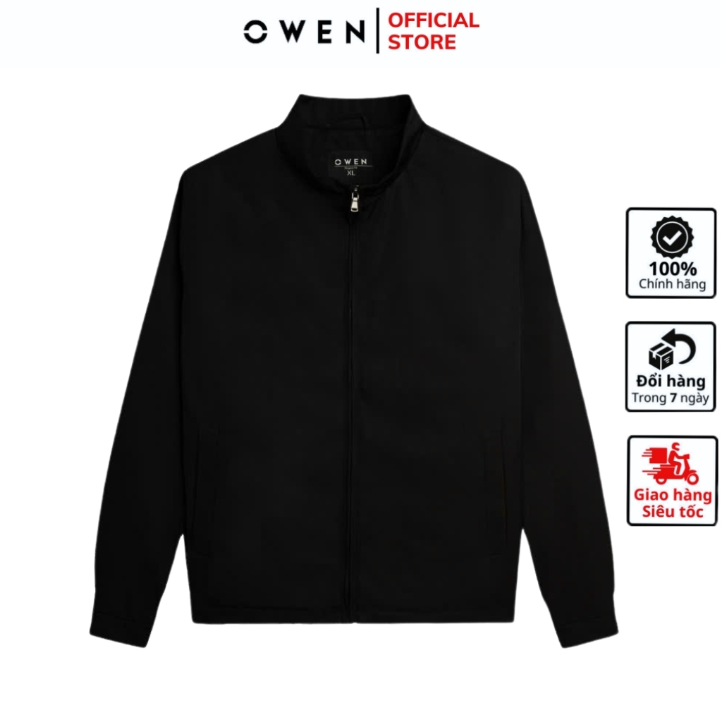 Áo khoác nam Owen JK241486 Jacket cổ đứng màu đen chất nylon cao cấp dáng suông có khóa kéo túi