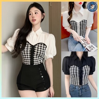 [A361] Áo len nữ Montoghi phong cách GILE CARO kiểu CÚP NGỰC phối cổ sơ mi tay phồng xinh xắn - L2M