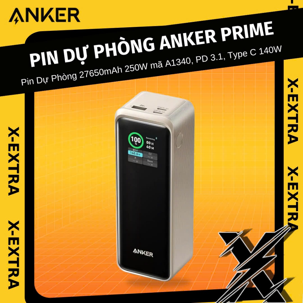 Pin Dự Phòng Anker Prime 27650mAh 250W A1340,  app quản lý, PD 3.1 Type C 140W, dành cho laptop, điệ
