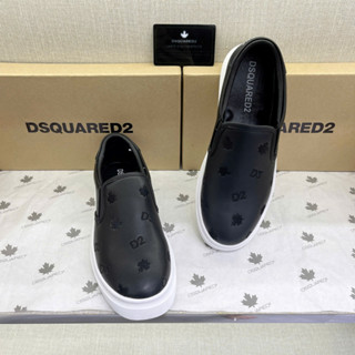 Giày slipon lười nam DSQ da Pu thêu logo chữ D2 lá phong monogram đế cao su non basic boy phố GS134P
