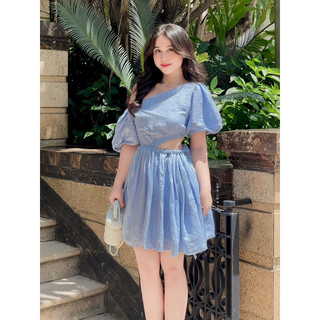 Đầm xanh cột eo tay phồng Linen