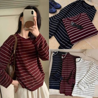 (Sẵn) Áo len nữ cổ tròn dài tay kẻ ngang form rộng 3 màu Ulzzang