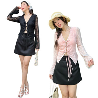 Áo Ren Kiểu Cột Nơ Có Mút Ngực Tay Dài Ống Loe A8 Có Bigsize Thun Hoa Nổi Đúp Lót 3 Lớp Siêu Đẹp