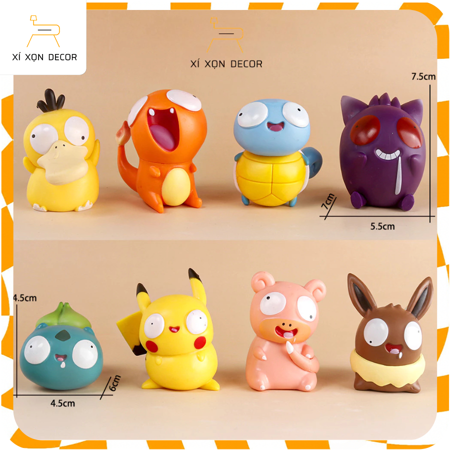 Xí Xọn Decor Bộ 8 Mô hình Pokemon Mắt To Pika Charmander Squirtle Dễ Thương Đồ Trang Trí Pokemon Ngộ Nghĩnh Bộ Sưu Tập