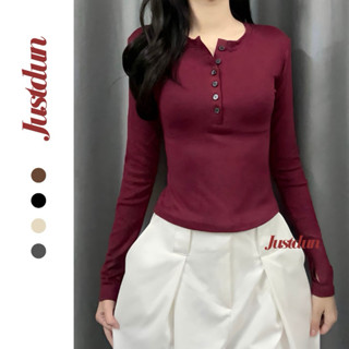 Áo thun nữ dài tay khuy cúc ngực cotton Justdun z12