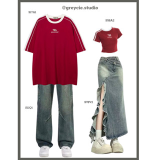 [Sẵn] GREYCIE Set đồ đôi áo phông croptop đỏ kẻ trắng quần jeans ống rộng chân váy dài đuôi cá xẻ xanh S78