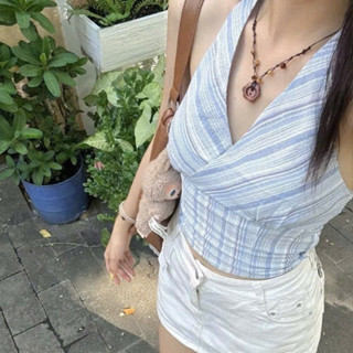 Áo Croptop linen cổ yếm cột dây lưng chun, áo nữ cổ yếm hở lưng basic Okélla