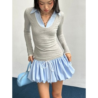Áo Thun Xám Phối Cổ Sơ Mi Xanh Viền Ren Trắng Dài Tay - HOO DESIGN
