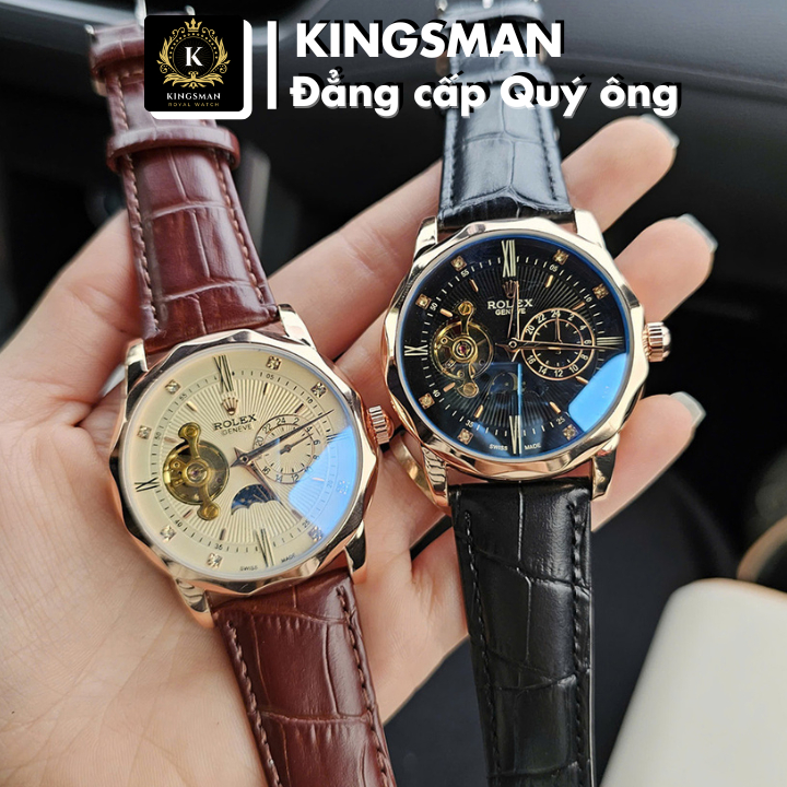Đồng Hồ Rolexx Nam Chạy Cơ Lộ Tim Máy N015 Dây Da Chống Nước Biểu Tượng Sun And Moon