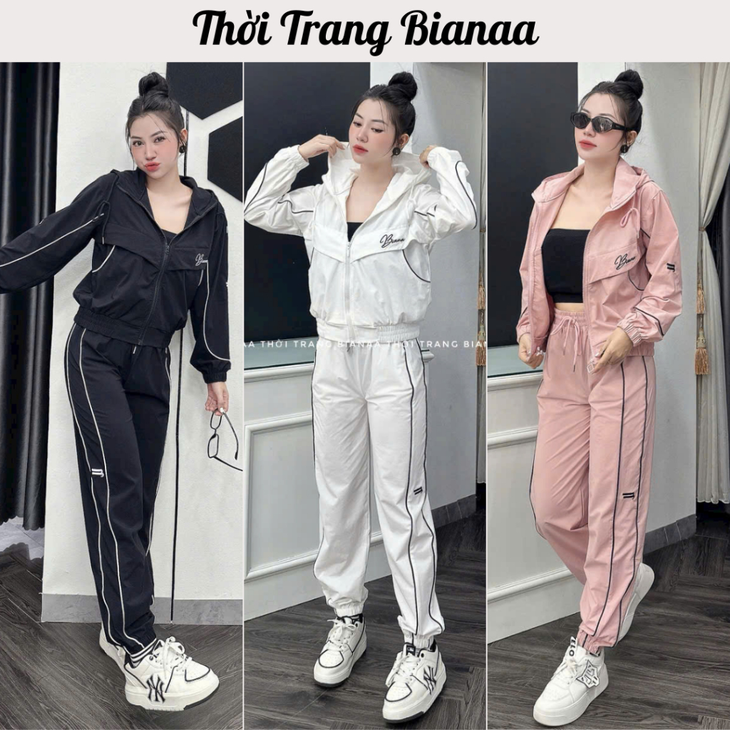 Set Bộ Gió Nữ Thể Thao Bianaa Áo Khoác Nữ Có Mũ Kèm Quần Chất Liệu Gió Lụa Mềm Mịn, Co Giãn