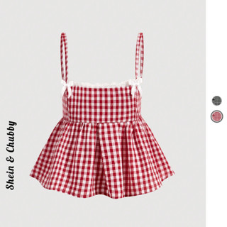 [Bigsize 45-120kg / Order] Áo hai dây babydoll caro đính nơ viền ren dễ thương năng động áo xòe bồng