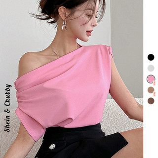   Bigsize 45-75kg   Order  Áo thun tay ngắn trễ vai lệch bên nếp gấp form áo bồng dài thanh lịch công sở 