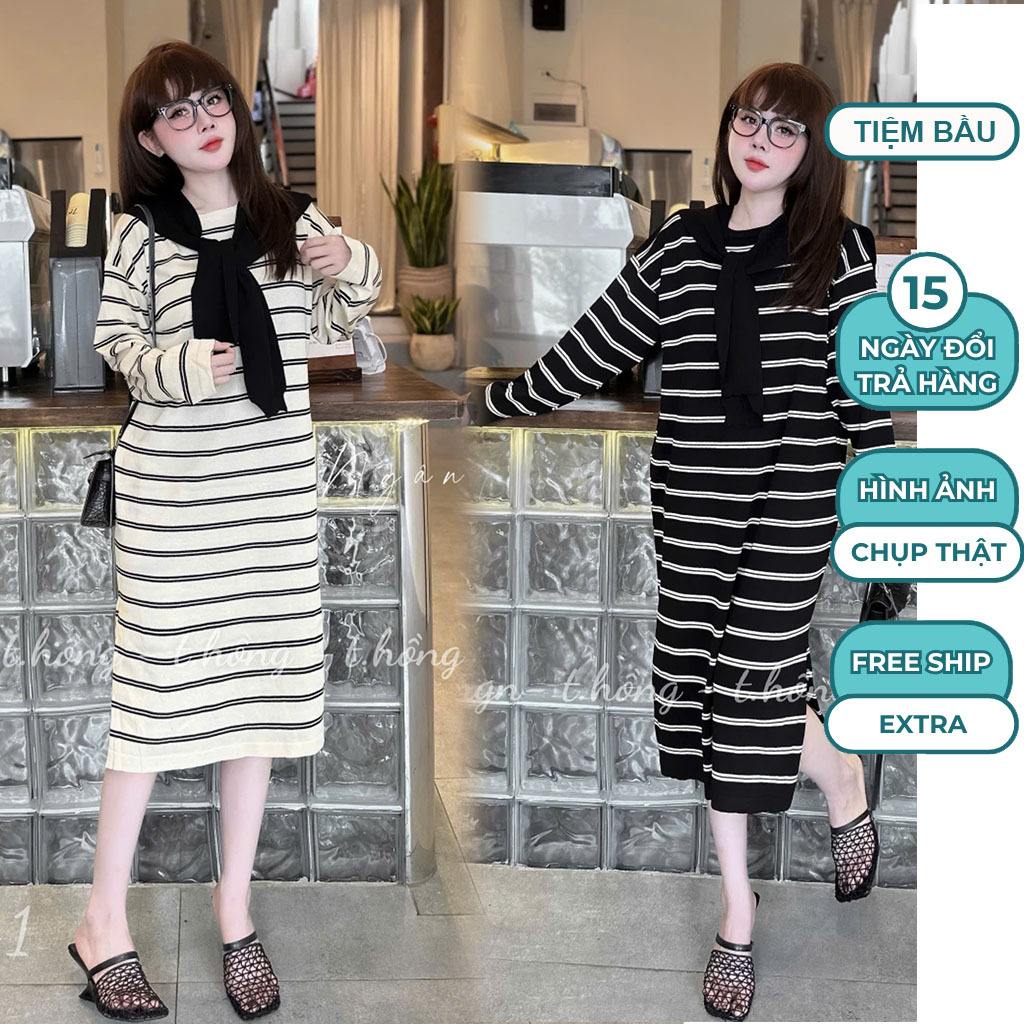 ĐẦM VÁY BẦU LEN THU ĐÔNG QUẢNG CHÂU DÀI TAY DÁNG SUÔNG BASIC CỔ TRÒN PHỐI KHĂN LEN ĐIỆU ĐÀ V998 VÁY BẦU CÔNG SỞ