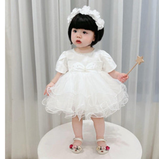 Váy Công Chúa Trắng Thân Lụa Tafta Chân Lưới Kèm Cài Hoa 4-16 Kg ,Váy Công Chúa Cho Bé Gái Thôi Nôi Sinh Nhật Chất Lưới