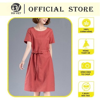 {Hàng Sẵn} Đầm suông đũi cổ tròn phối túi sườn kèm dây thắt eo, đầm trung niên tặng mẹ tặng bà